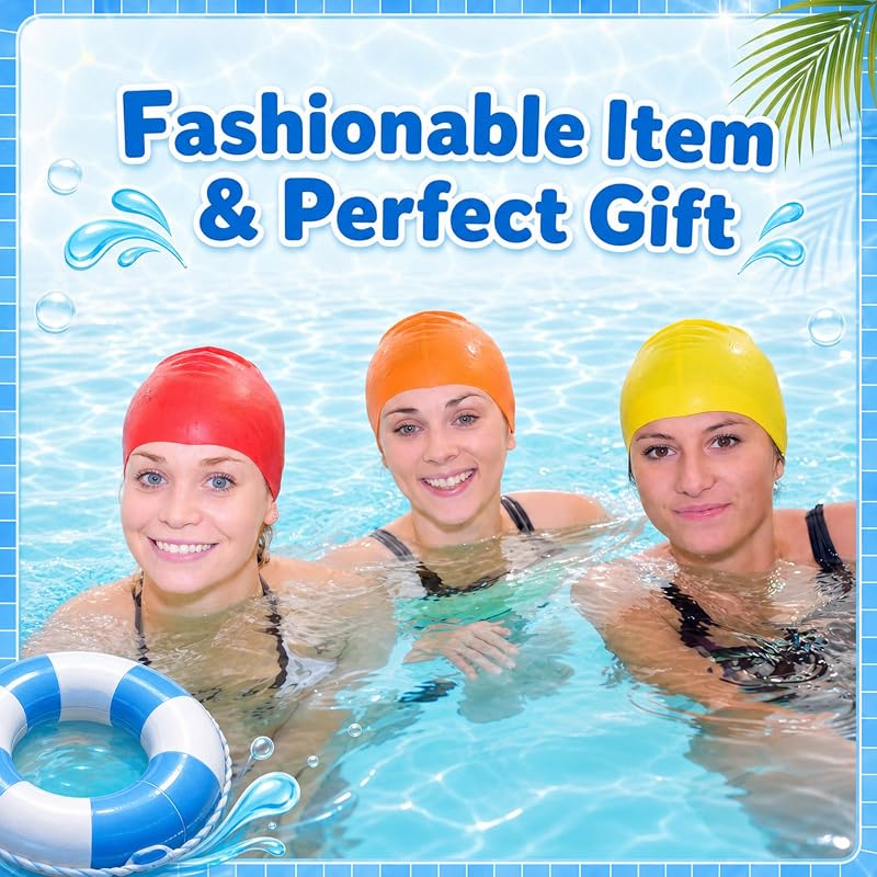 6-Piece Silicone Swim Cap Set - Unisex, 6 Solid Colors (Yellow, Orange, Red, Black, Navy, Purple)