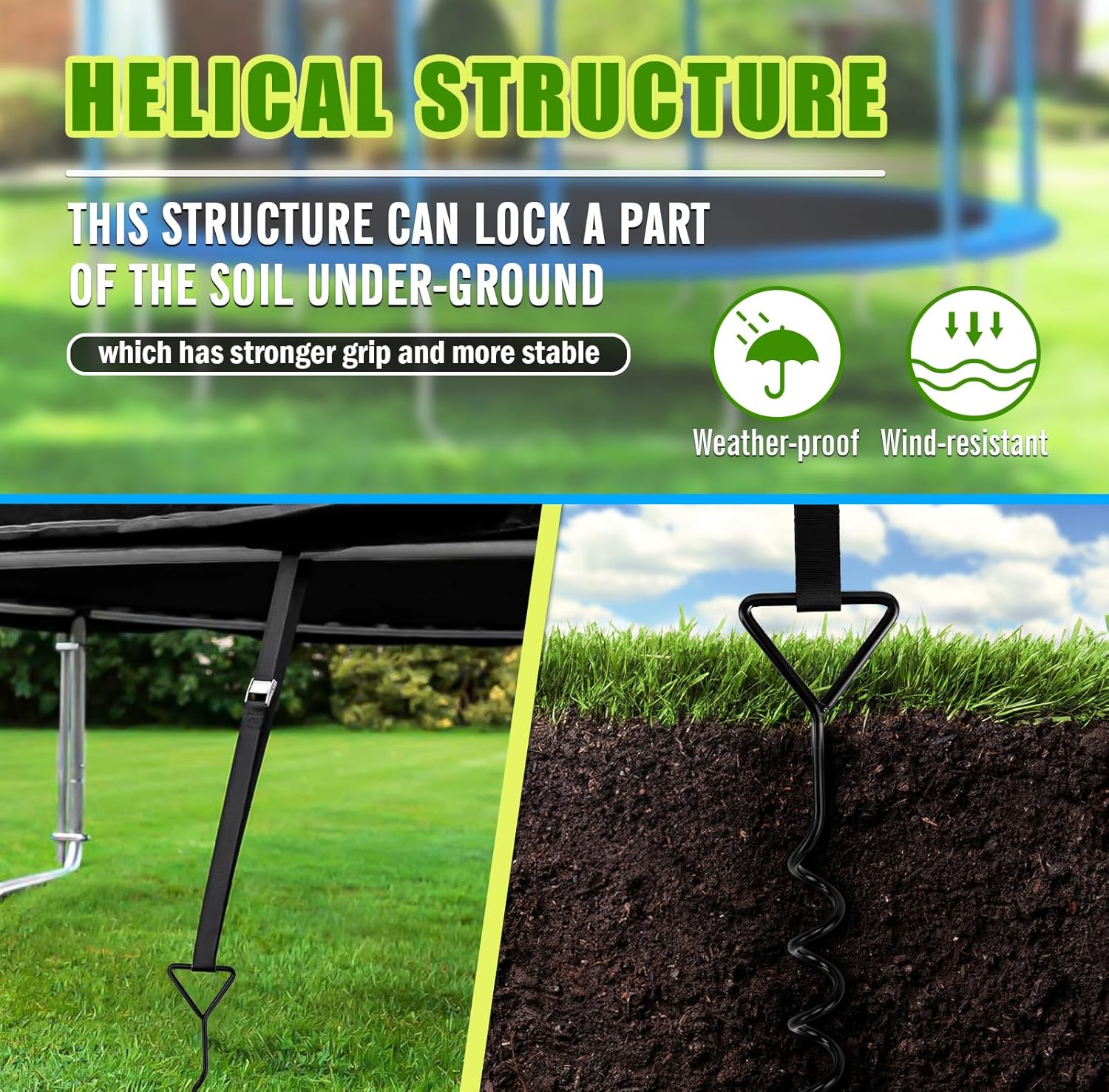 Trampoline Tie Down Anchor Kit by [Brand Name] - Heavy-Duty Steel Stakes for High Wind | Set of 4