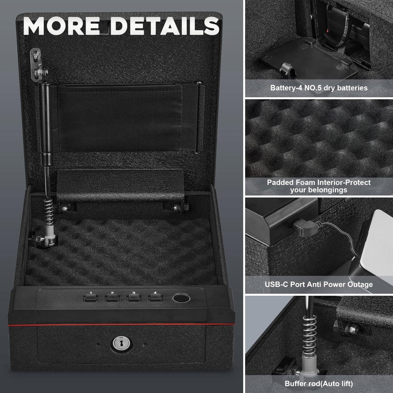 Domenow Biometric Fingerprint Gun Safe, Three Ways Quick Access Gun Lock Box for Pistols with Keys, Key Pad, USB-C Port and LED Light, Bedside Gun Safe for Home, Nightstand and Desk