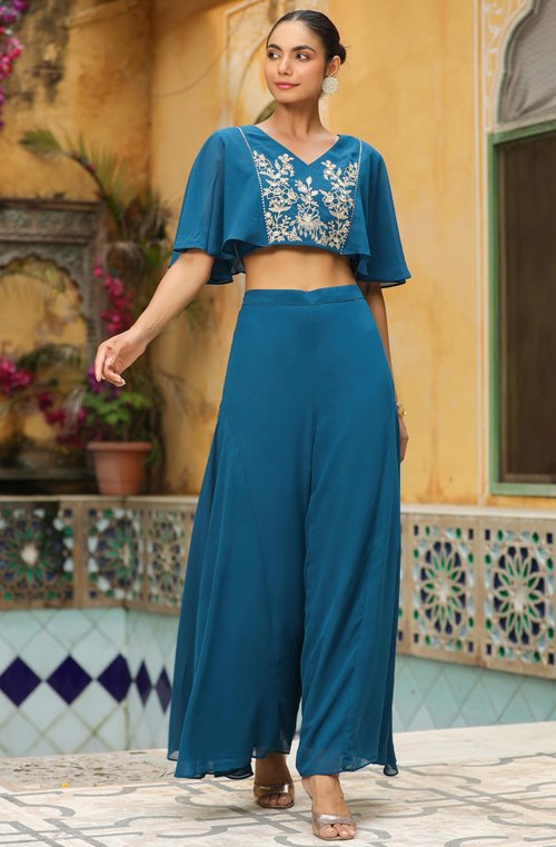 Janasya Indian Women's Teal Blue Georgette Yoke Embroidered Co-Ord Set