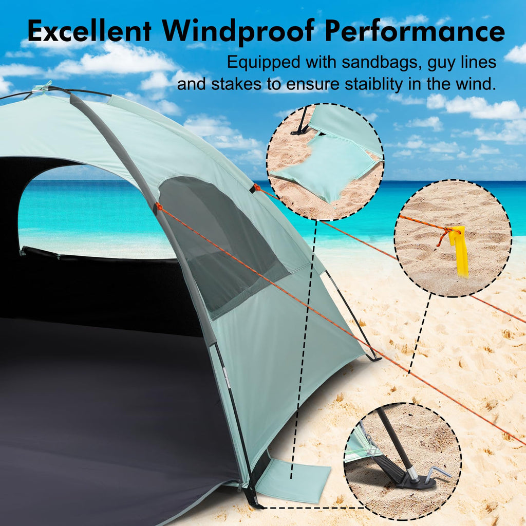 WhiteFang Beach Tent Anti-UV Portable Sun Shade Shelter for 4 Person with Blackout Shelter, Extendable Floor with 3 Ventilating Mesh Windows Plus Carrying Bag, Stakes and Guy Lines (Mint Green)