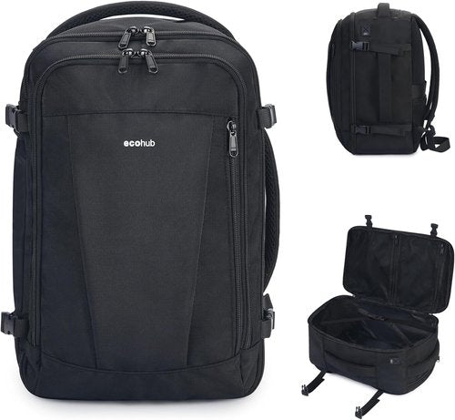 ECOHUB Travel Backpack - Airline Approved Personal Item Bag | Water Resistant, 13 Pockets, Black
