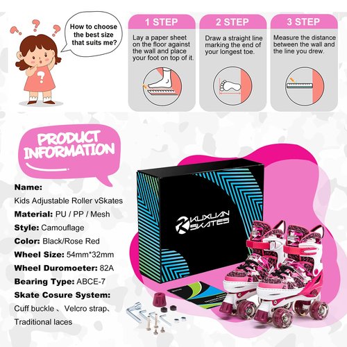 Kuxuan Skates Boys and Girls Camo Adjustable Roller Skates with Light up Wheels, Fun Illuminating Rollerskate for Kids Girls Youth
