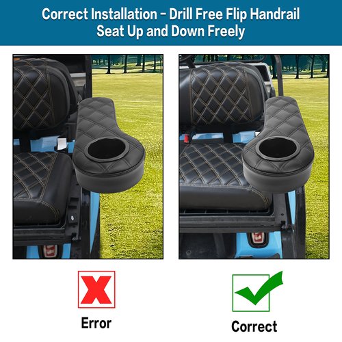 NOKINS Golf cart flip armrest with Cup Holder, no Drilling Required, for Club car/EzGo/Yamaha, Club cart Black Stitching armrest kit