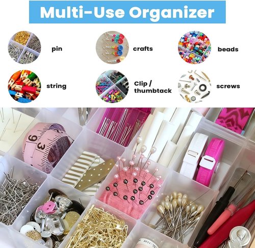 Megoogo Clear Plastic Organizer Box - 24 Grids with Adjustable Dividers for Crafts & Small Items | Bead Storage Container with Labels