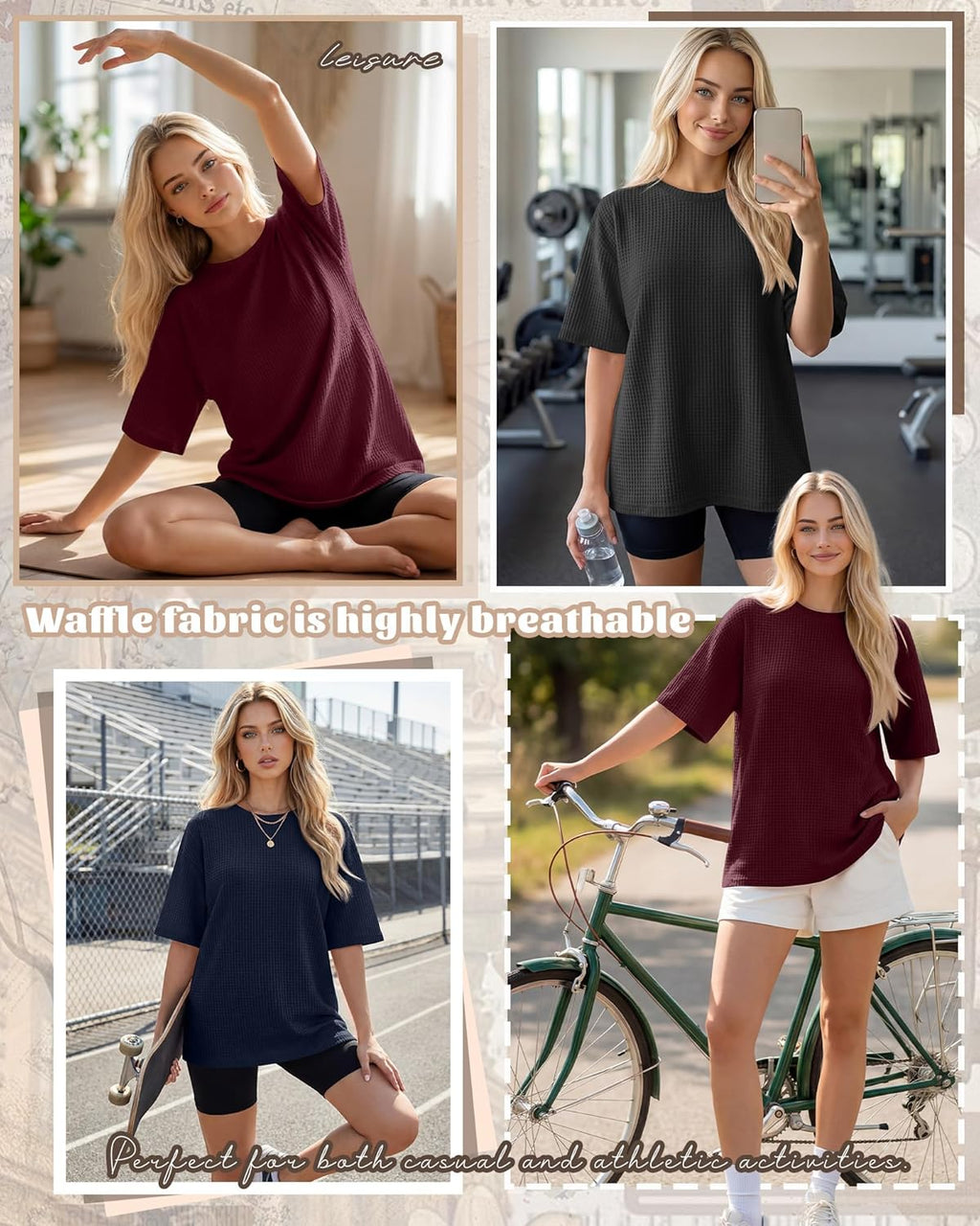 Oakgarden Women's Oversized Waffle T-Shirts - 3 Pack Half Sleeve Crewneck Casual Gym Tops
