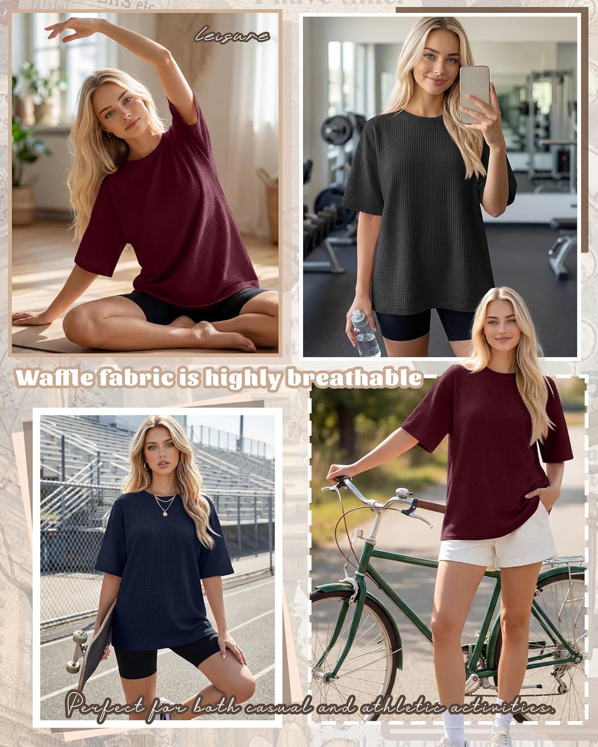 Oakgarden Women's Oversized Waffle T-Shirts - 3 Pack Half Sleeve Crewneck Casual Gym Tops