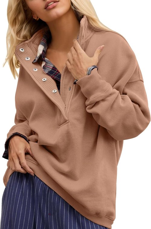 Gacaky Oversized Sweatshirt for Women - Casual Long Sleeve Button Henley Neck Pullover | Fashion Top