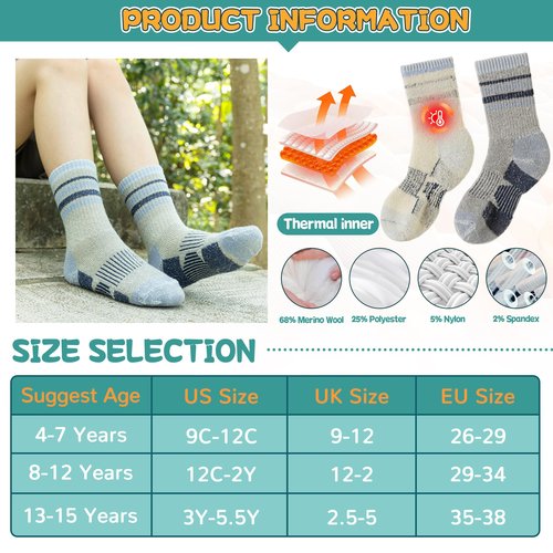 SeeyAN Kids Merino Wool Hiking Socks Boys Girls Thermal Winter Warm Boot Toddlers Thick Cushion Socks 4 Pairs (4 Pairs Grey Stripe A, 4-7 Years)