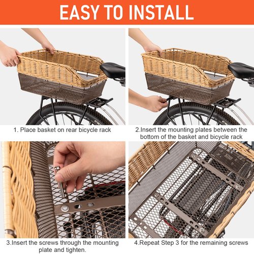 CXWXC Rear Bike Basket - Large Bicycle Rear Basket with Cargo Net and Waterproof Cover, Hand-Woven Baskets Rear Large Capacity (Brown)