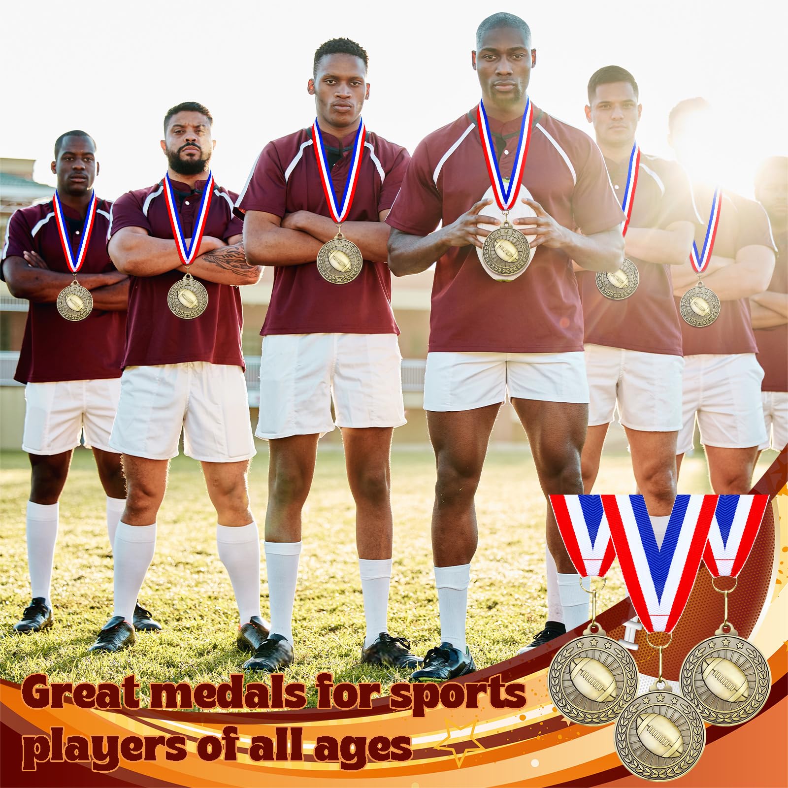 Remuuly 60 Pcs Gold Award Medals 2 Inch Soccer Baseball Volleyball Football Cheer Trophy Medals Metal Awards Bulk with Neck Ribbons Trophy Prize Gifts for Sports Competitions(Football)