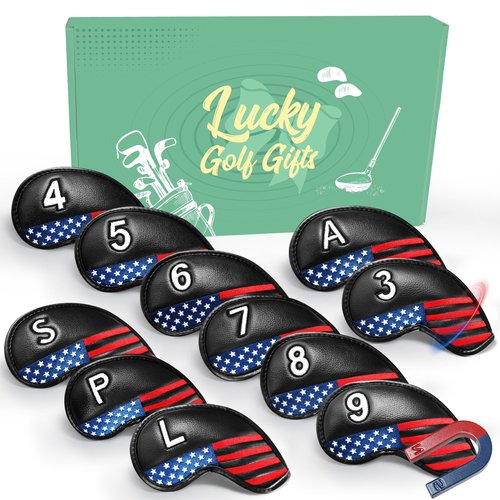 FINGER TEN Golf Club Covers for Irons Magnetic Value 11 Pack, Synthetic Leather Deluxe Head Cover Set Headcovers for Irons Fit Main Iron Clubs (Black-USA Flag)
