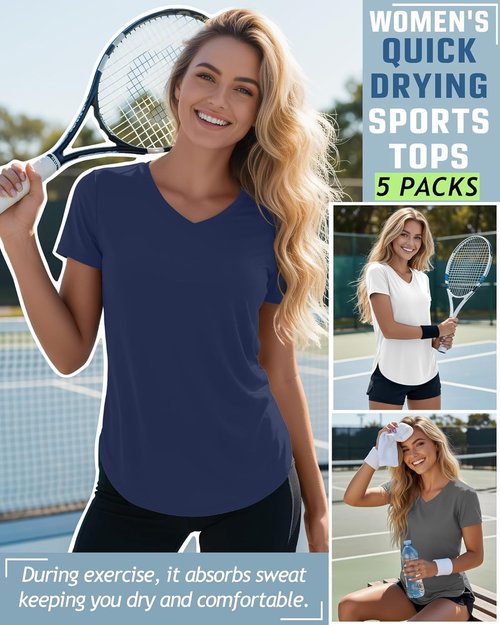 Locoowai Women's V-Neck Workout Shirts - Quick Dry, UPF 50+ UV Protection, 5 Pack | Short Sleeve, Side Slits