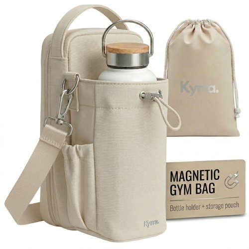 kyrra. Magnetic Gym Bag Beige with Water Bottle Holder Reusable Pouch 2 Bags in 1 Compact Crossbody Small Sports Training Bag Durable Waterproof Fitness Organizer Workout pouch for Men Women Travel