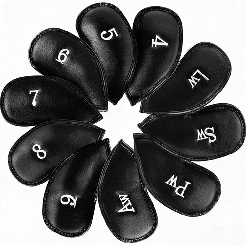 MuRealy 10PCS Premium Synthetic Leather Golf Iron Head Covers Set, Black Durable Golf Club Head Covers, Single Sided Embroidered Labels Golf Club Cover, Perfect for Most Clubs