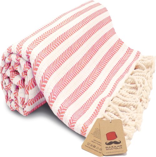 Bazaar Anatolia Turkish Beach Towel - Oversized 100% Cotton, Quick Dry, Sand-Free - 71x39 Inches, Arpa Coral