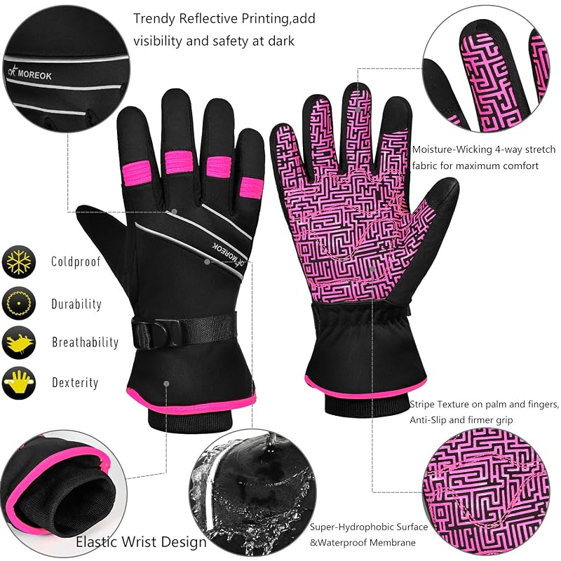 MOREOK Waterproof Winter Gloves 3M Thinsulate 200g - Pink Medium, Touchscreen