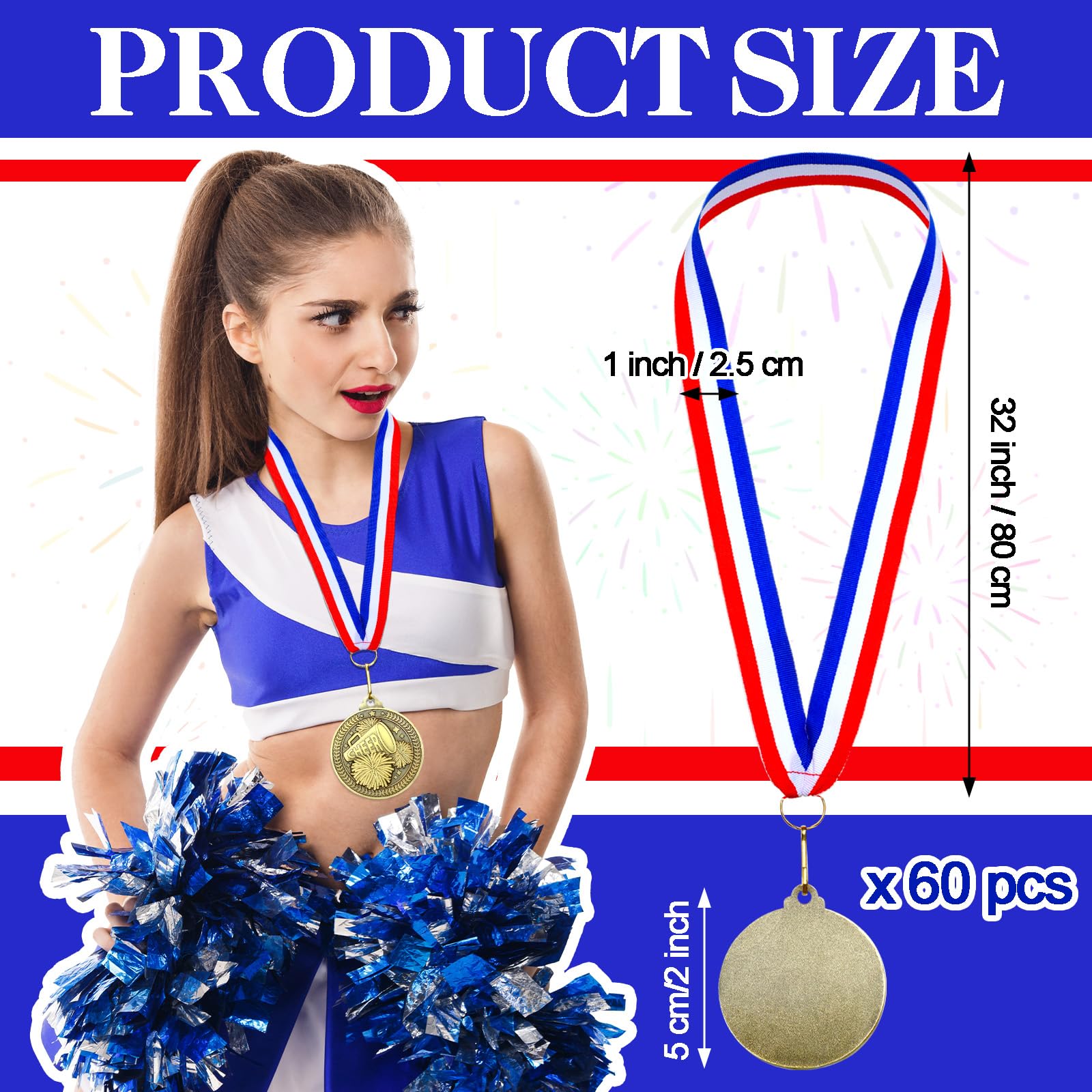 Remuuly 60 Pcs Gold Award Medals 2 Inch Soccer Baseball Volleyball Football Cheer Trophy Medals Metal Awards Bulk with Neck Ribbons Trophy Prize Gifts for Sports Competitions(Cheer)