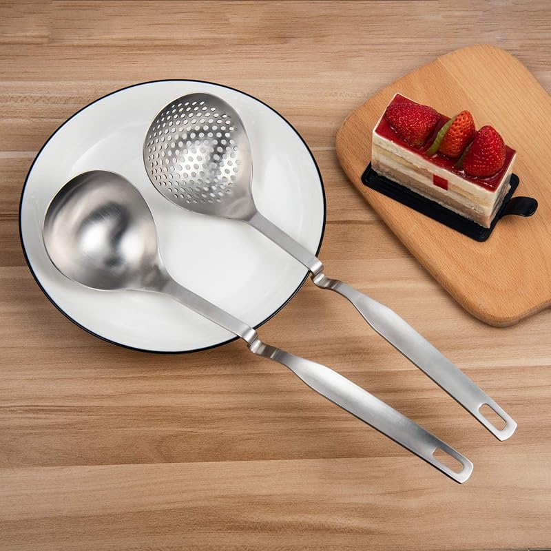 12-Inch SUS304 Stainless Steel Slotted Ladle Set for Hot Pot & Soup