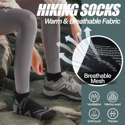 ANTSANG Merino Wool Ankle Hiking Socks Compression Warm Thermal Thick Cushion Winter Running No Show Moisture Wicking Socks Gifts Stocking Stuffers for Women Men 6 Pairs(Dark Black,M)
