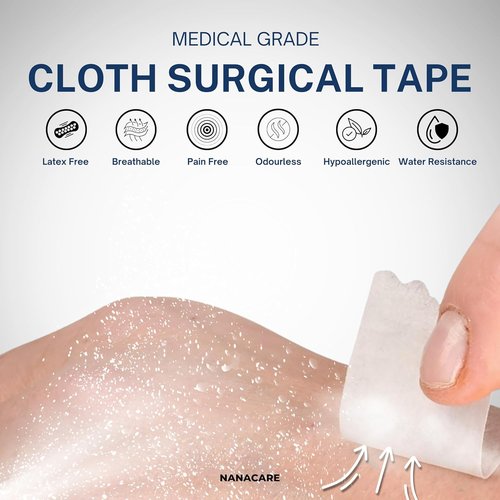 NanaCare Waterproof Medical Tape - Hypoallergenic Surgical Tape with 10 Gauze Pads | 4 Rolls x 1 Inch for Sensitive Skin