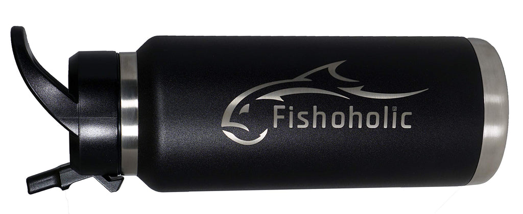 Fishoholic Fishing Mug Keg Bottle Tumbler - Double Wall Stainless Steel Vacuum Insulated - Fishing Gift for Men (Black, 36oz)