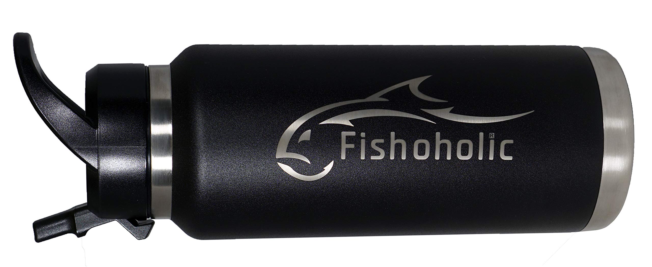 Fishoholic Fishing Mug Keg Bottle Tumbler - Double Wall Stainless Steel Vacuum Insulated - Fishing Gift for Men (Black, 36oz)