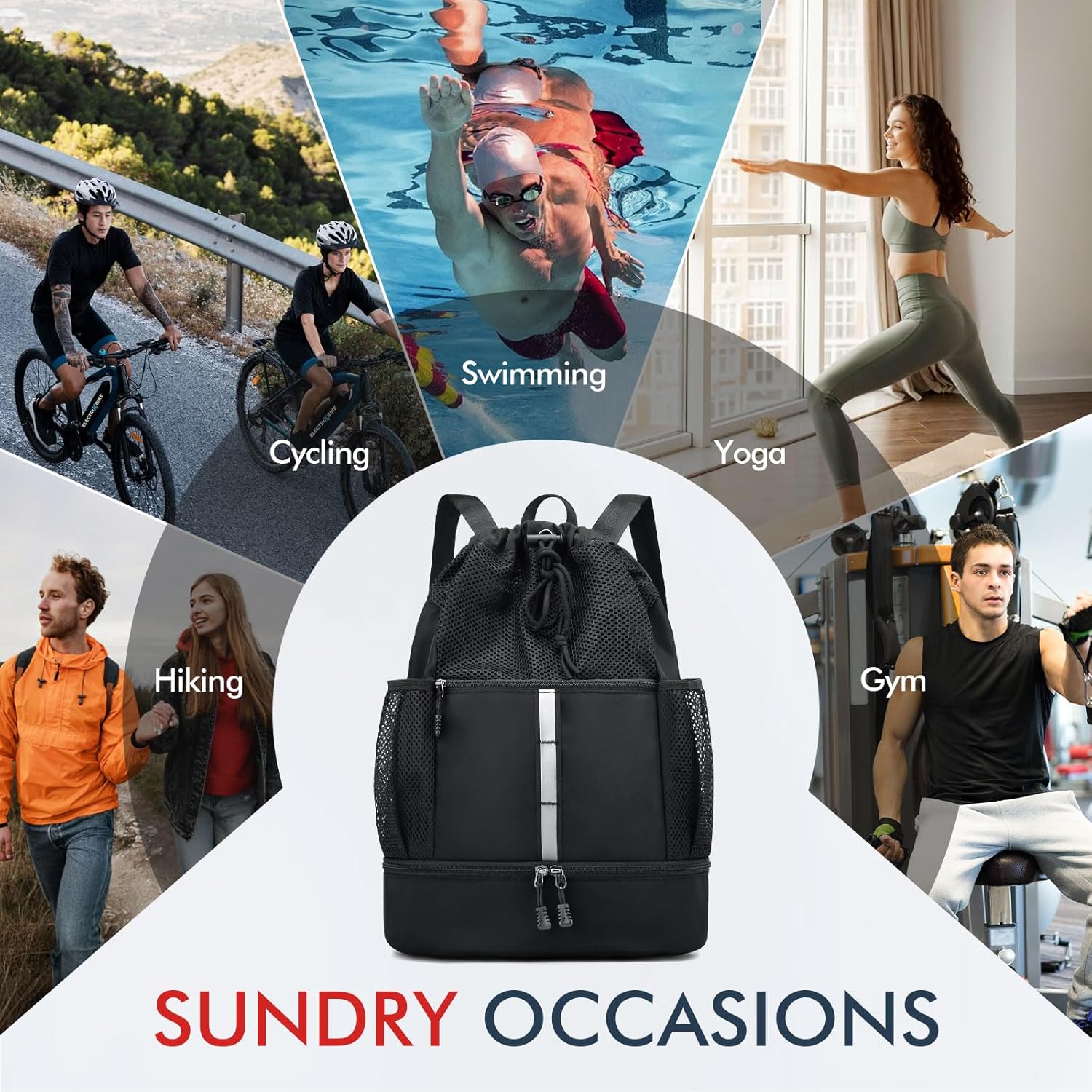 PinCute Drawstring Gym Bag - Lightweight Mesh Sports Backpack with Wet Pocket & Shoe Compartment