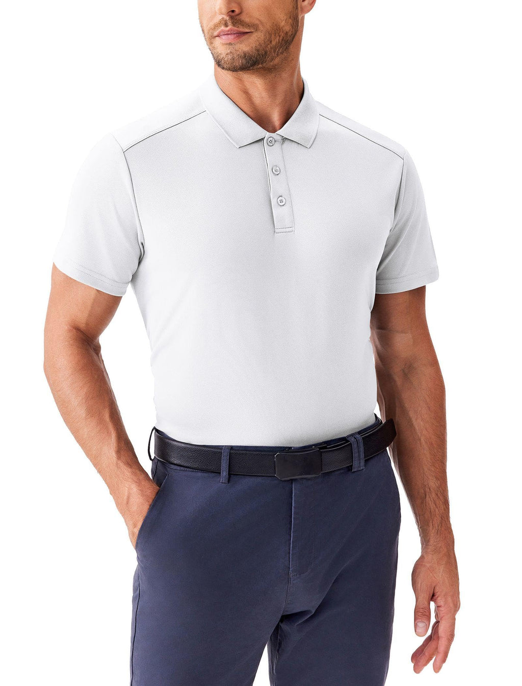PINSPARK Men's Golf Polo Shirts Moisture Wicking Quick Dry Performance Short Sleeve Collared Shirt Slim Fit Athletic Polos White