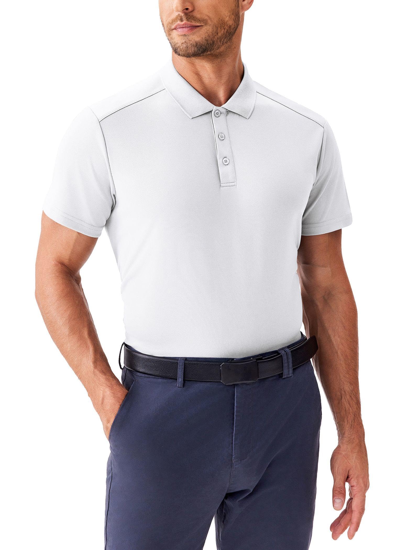 PINSPARK Men's Golf Polo Shirts Moisture Wicking Quick Dry Performance Short Sleeve Collared Shirt Slim Fit Athletic Polos White