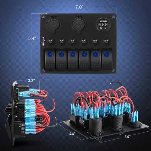 Nilight 6 Gang Rocker Switch Panel - Waterproof Pre-Wired Aluminum with USB & Voltmeter for 12V/24V Vehicles