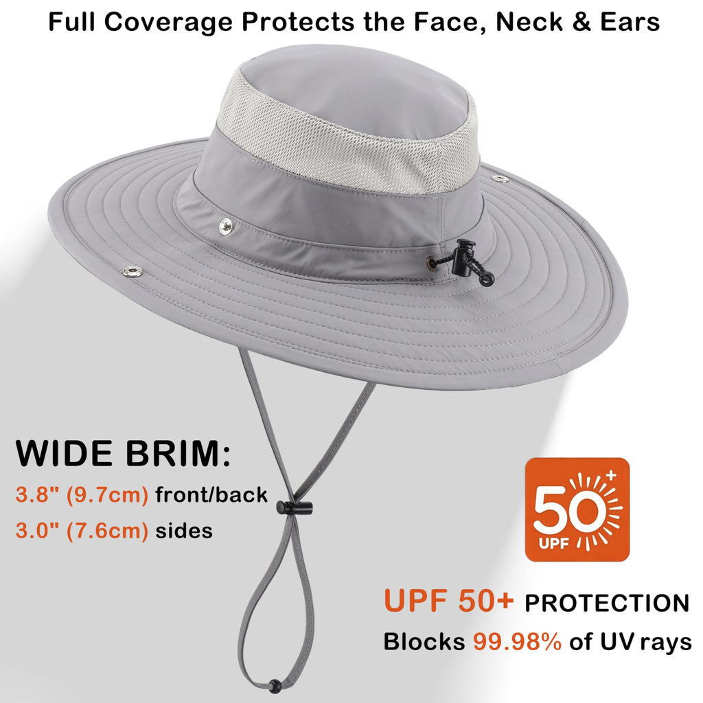 Connectyle UPF 50+ Fishing Sun Hat for Men Women Outdoor Adjustable Safari Sun Hats Summer Beach Cowboy Bucket Hat Light Grey