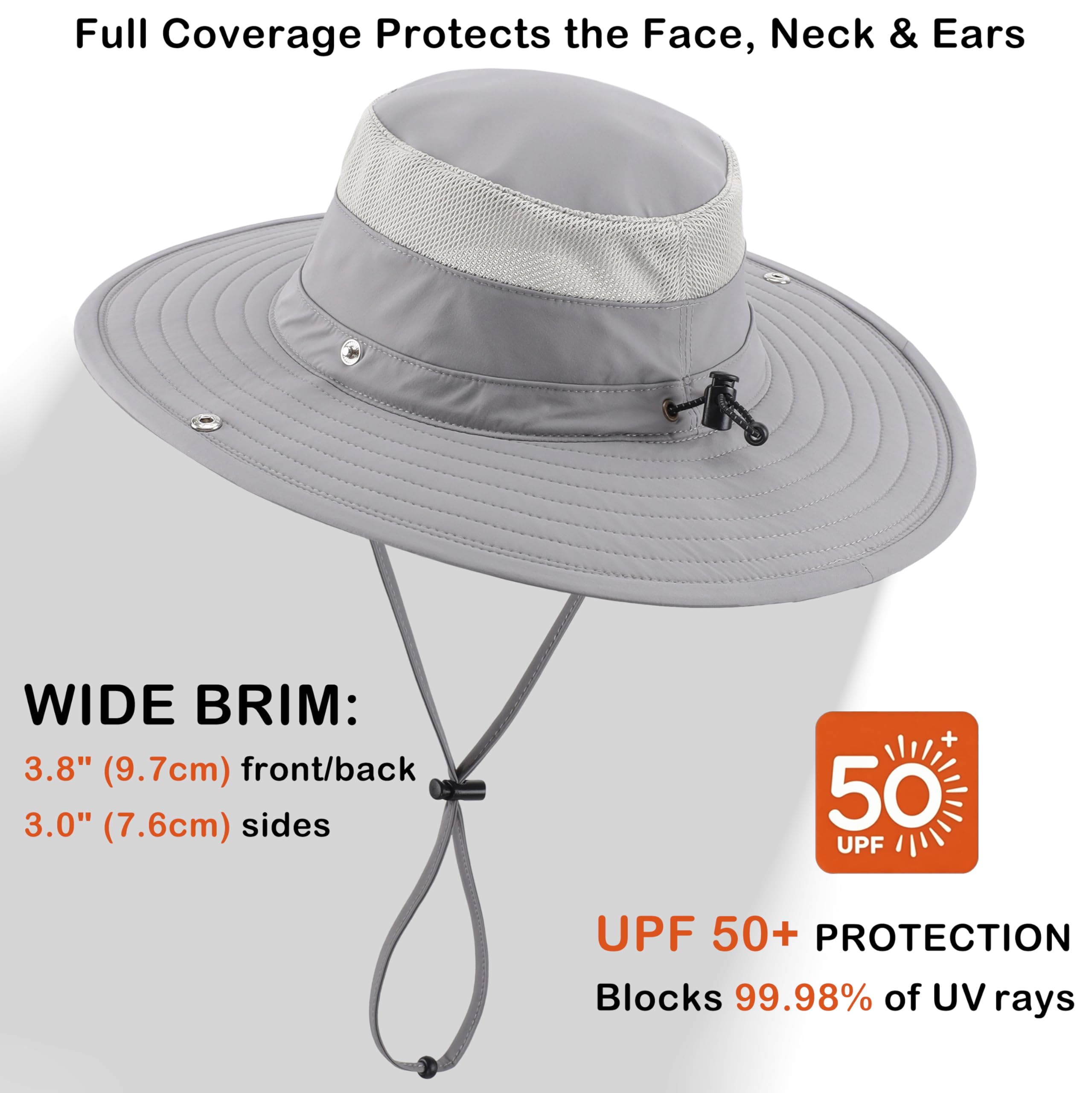 Connectyle UPF 50+ Fishing Sun Hat for Men Women Outdoor Adjustable Safari Sun Hats Summer Beach Cowboy Bucket Hat Light Grey