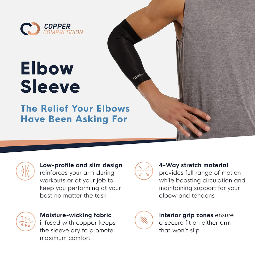 Copper Compression Elbow Sleeve - Copper Infused Orthopedic Brace for Tennis & Golfer Elbow, Tendonitis, Arthritis, Bursitis, Sore Joints & Muscles - Fits Men & Women -1 Sleeve - Original/Black - M