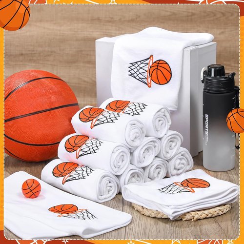 Fanfanwin Microfiber Basketball Towels - 12 Pcs Embroidered Sports Team Gifts | 11.81 x 27.56 Inch (White)