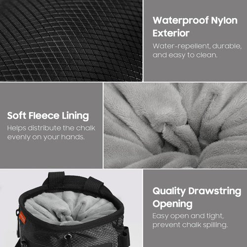 MoKo Climbing Chalk Bag with Chalk Brush, Waterproof Nylon Bouldering Chalk Bag Bucket with 2 Large Zippered Storage Pockets Drawstring Closure Adjustable Belt Chalk Bag for Climbing Gymnastics, Black