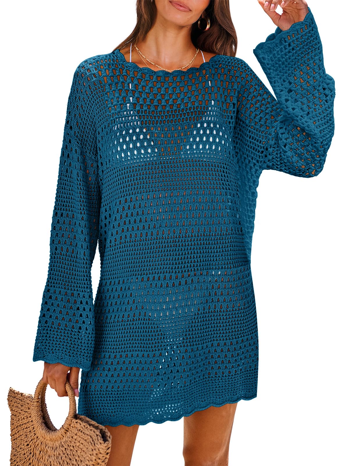 ANRABESS Women Swimsuit Crochet Swim Cover Up 2026 Summer Bathing Suit Swimwear Mesh Knit Beach Dress Vacation Outfits Cyan Large