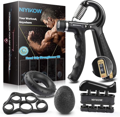 NIYIKOW Grip Strength Trainer, Adjustable Hand Grip Strengthener Kit - 5 Pack with Counting Forearm Strengthener, Finger Trainer, Finger Exerciser, Grip Ring, Grip Ball - Black