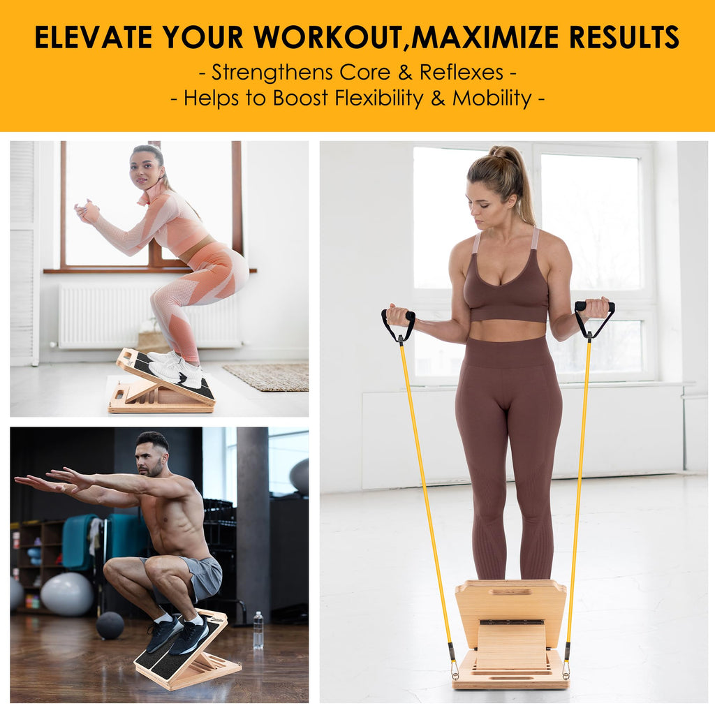 Wooden Slant Board for Calf Stretching, Adjustable Portable Incline Board with 10 - pound Pull Rope, Comes with Training Poster, 300 Lbs Weight Capacity for Leg, Knees and Ankle Stretching