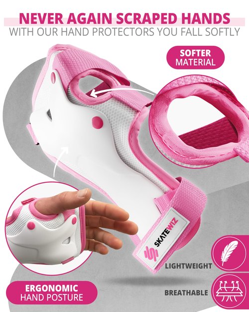 SKATEWIZ Knee and Elbow Pads Adult - Skating Protective Gear - PROTECT-1 - Size L Pink White - Wrist Guards Skating Pads, Skateboard, Roller Skate, Ice Skates For Women
