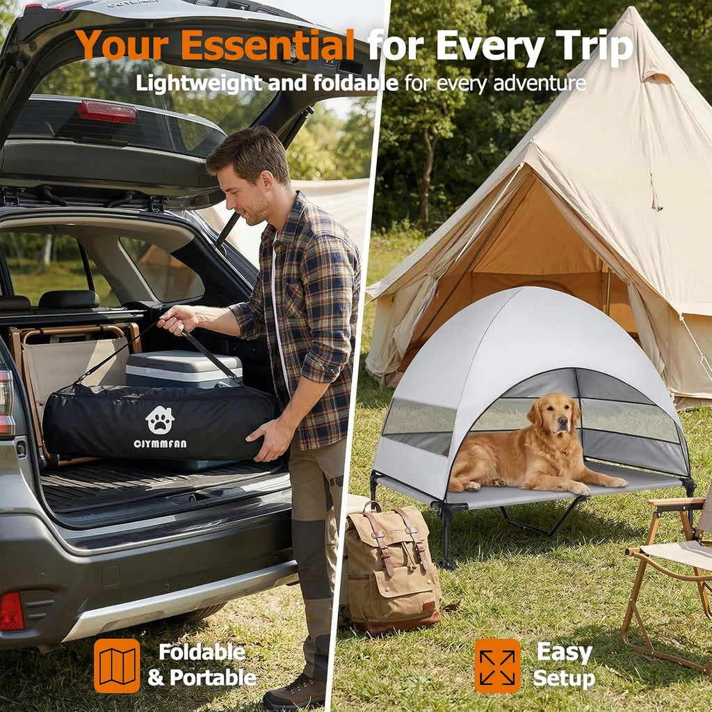 Skiennix Elevated Dog Bed - UV-Proof Canopy & Adjustable Feet - Portable Cooling Cot for Camping & Outdoor Use