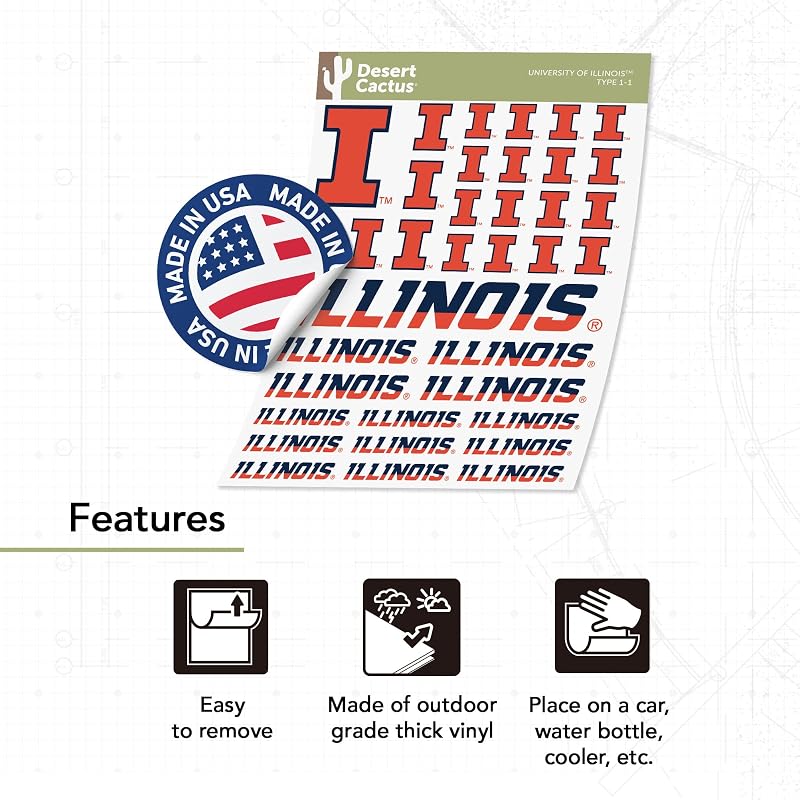 Desert Cactus Illinois Illini Sticker Sheet 8.5 x 11 - Official Licensed Vinyl Decal