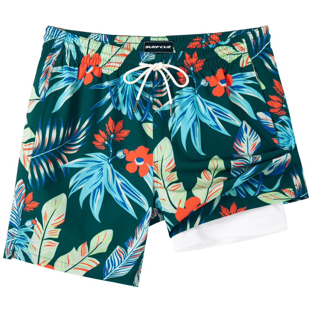 SURF CUZ Mens Swim Trunks with Compression Liner Quick Dry Swim Shorts 7" Swimming Trunks Stretch Zipper Pockets Green Feather Leaf X X-Large
