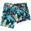 SURF CUZ Mens Swim Trunks with Compression Liner Quick Dry Swim Shorts 7" Swimming Trunks Stretch Zipper Pockets Green Feather Leaf X X-Large