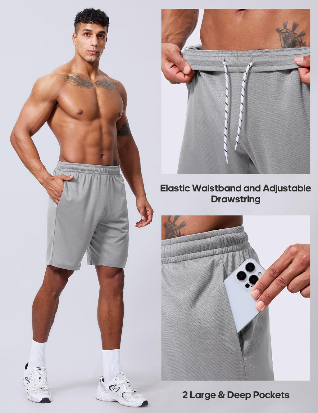 Vlynor Men's Athletic Shorts 9 Inch Inseam - Quick Dry Mesh Basketball Shorts Men, Lightweight Mens Gym Running Shorts with Pockets (Light Grey, Medium)