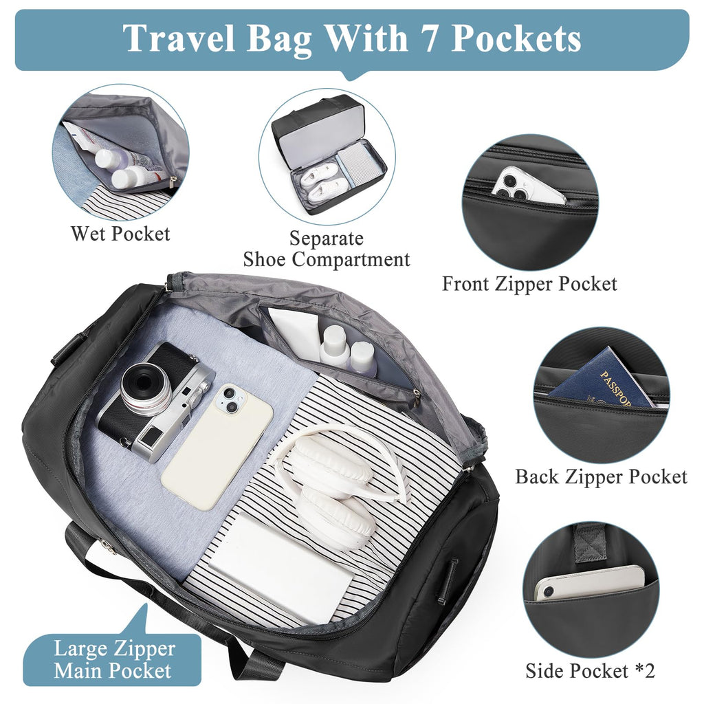 Extra Large Travel Duffle Bag,Carry on Overnight Weekend Bag with Shoes Compartment,Weekender Bags for Women for Travel Business Trips Sport Hospital,3 Pcs Set,Black