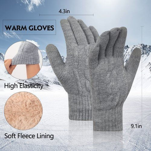 Women Winter Beanie Hat Gloves Scarf Set Knit Warm Neck Warmer Thick Fleece Lined Thermal Cap with Fashion Cute Pom Pom Gray Infitiny Scarves Touch Screen Cold Weather Snow Ski