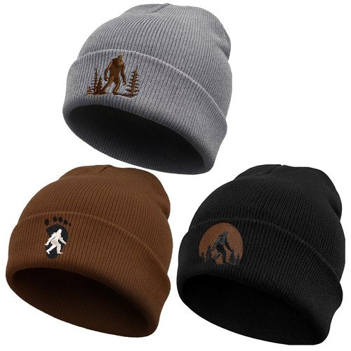 Berlune 3 Pcs Sasquatch Winter Beanie Hat Gifts for Men Winter Knit Cuffed Beanie for Men Women Warm Outdoor(Embroidered) Multicolor