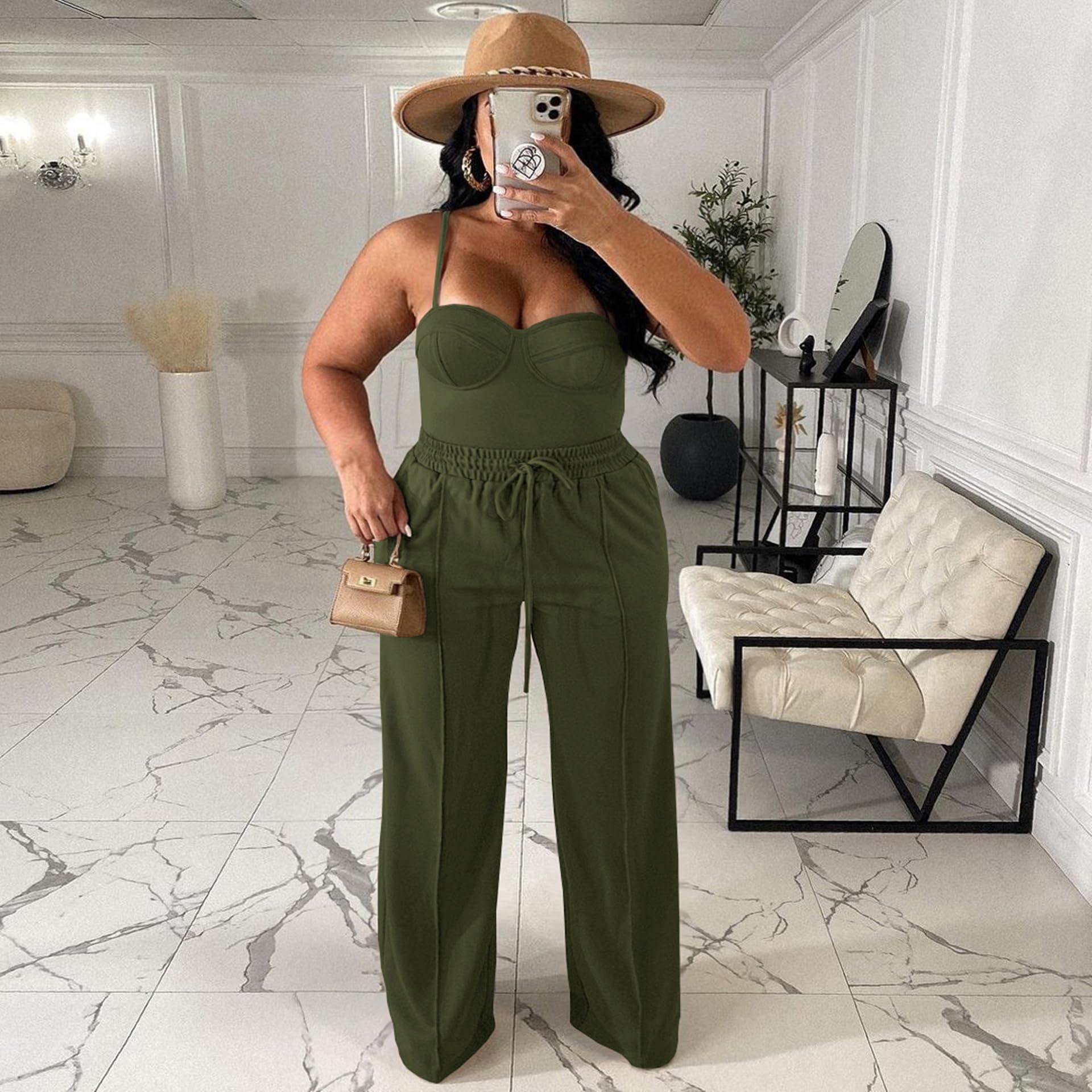 Tycorwd Women's Plus Size Casual Wide Leg Pants High Waisted Drawstring Baggy Sweatpants Elastic Straight Leg Lounge Pants with Pockets Army Green 4XL