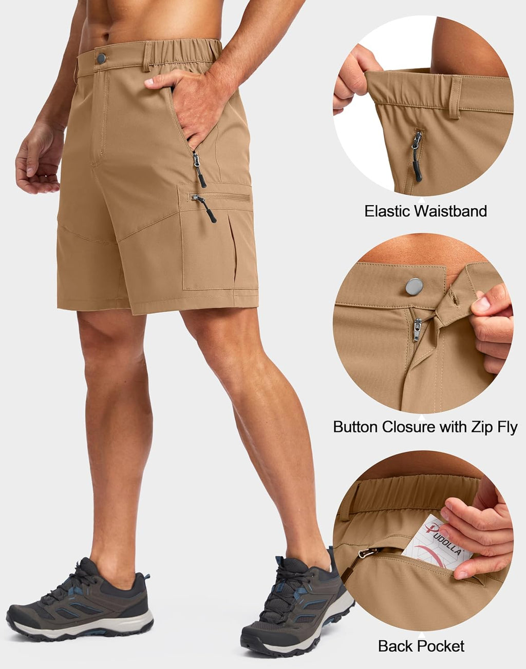 Pudolla Men's Hiking Cargo Shorts - Lightweight Outdoor Shorts with 5 Zipper Pockets | 9"/7"/11" Sizes